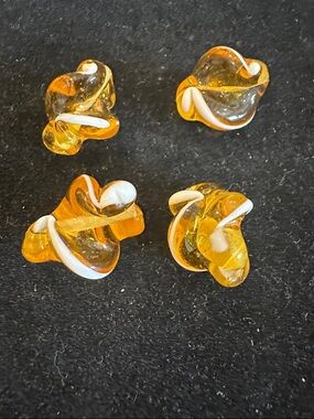 Vintage Lampwork Glass Beads (Set of 4) • Amber w/ White Swirl • 1970s Artisan •